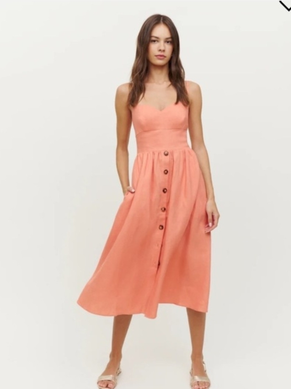 Reformation Sweetheart Neck Coral Button-Front Midi Dress